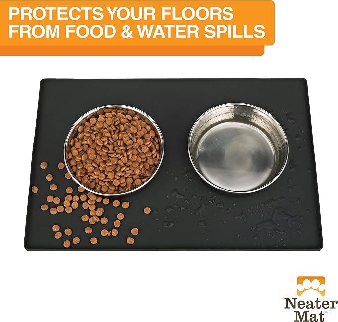 Neater Pet Brands Neater Mat Pet Mats for Food and Water, Cat & Dog Bowl Mat Waterproof Silicone, Feeding Tray, Dog Food Mats for Floors, Placemat w/Raised Edge for Under Bowls, 24" x 16", Black - Image 2