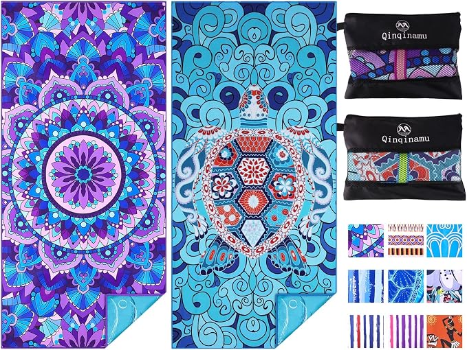2 Pack Microfiber Oversized Lightweight Beach Towel 71"x32" Extra Thin Large Sand Free Towels Travel Swim Pool Yoga Gym for Adults Women Men Beach Essentials Accessories Vacation Gift by Qinqinamu