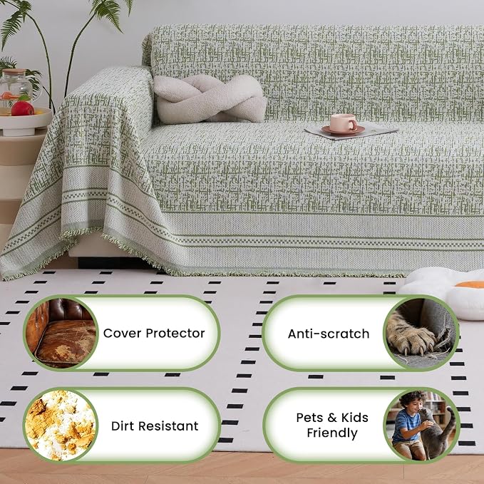 Green 71"x165" Waterproof Sectional Sofa Cover Boho Couch Protector for Pet | Anti Scratch Furniture Protector Pet Friendly Washable Soft Thick Chenille Couch Slipcover for 2-3 cushion, Sectional Sofa - Image 6