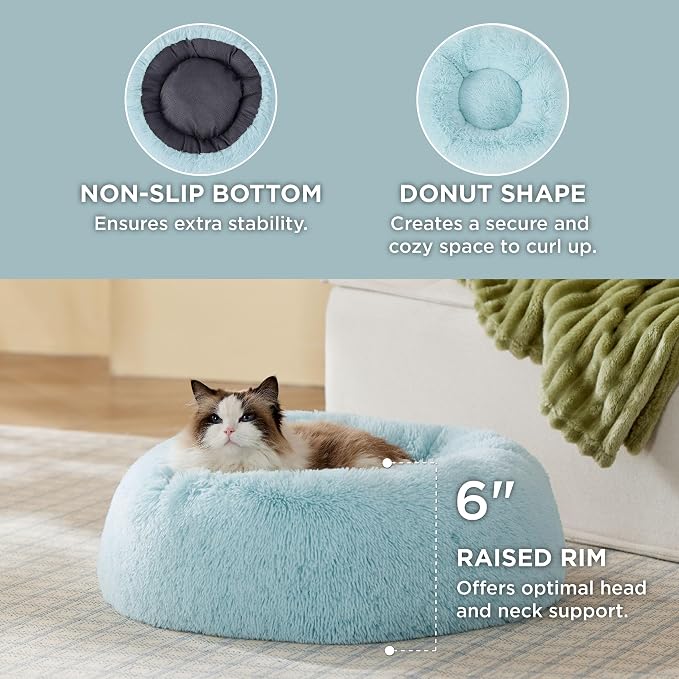 Bedsure Calming Cat Beds Donut Round Washable Kitten Bed,20 inches | Fluffy Faux Fur Cuddler,Anti-Slip Bottom,Anti-Anxiety,Deep Sleeping for Cats&Small Pets Up to 15 Lbs,Aqua Blue - Image 2