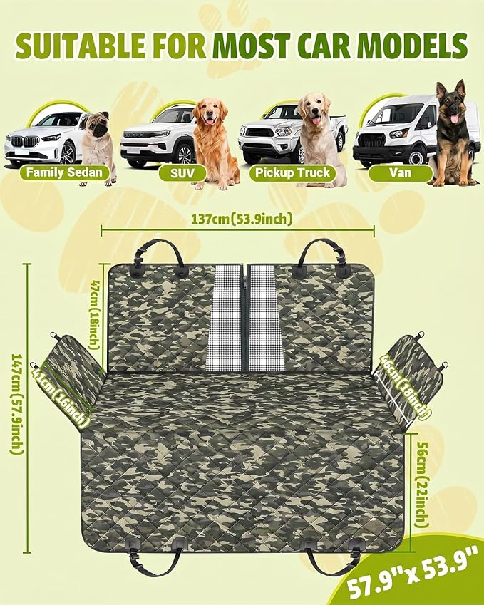 Dog Car Seat Cover, 600D Heavy Dute Car Seat Cover for Dogs Pets, 100% Waterproof Anti-Scratch Nonslip Dog Hammock for Cars, Seat Covers Protector with SeatBelt for Sedan SUV Truck Standard Camo - Image 2
