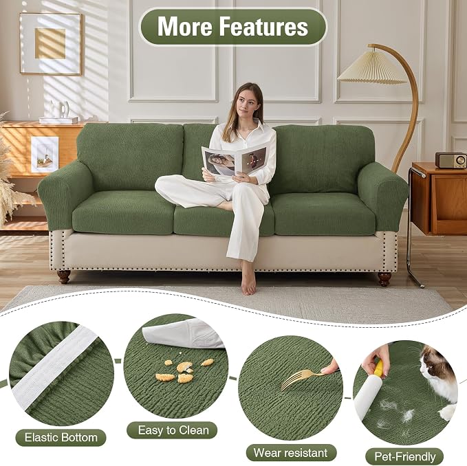Couch Cushion Covers for Sectional Sofa Stretch Sofa Slipcovers Washable Wear-Resistant Sectional Couch Covers L Shaped Seats Furniture Protectors for Pets(Green, 3 Seater+1 Chaise) - Image 3