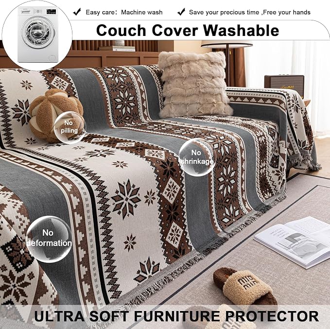 ROOMLIFE Couch Cover 3 Cushion Sofa, Washable Non Slip Furniture Sofa Protector Cover, Soft Chenille Sofa Slipcovers Sectional L Shape Dogs Couch Cover Throw Blanket with Tassels 71''X150'' - Image 6