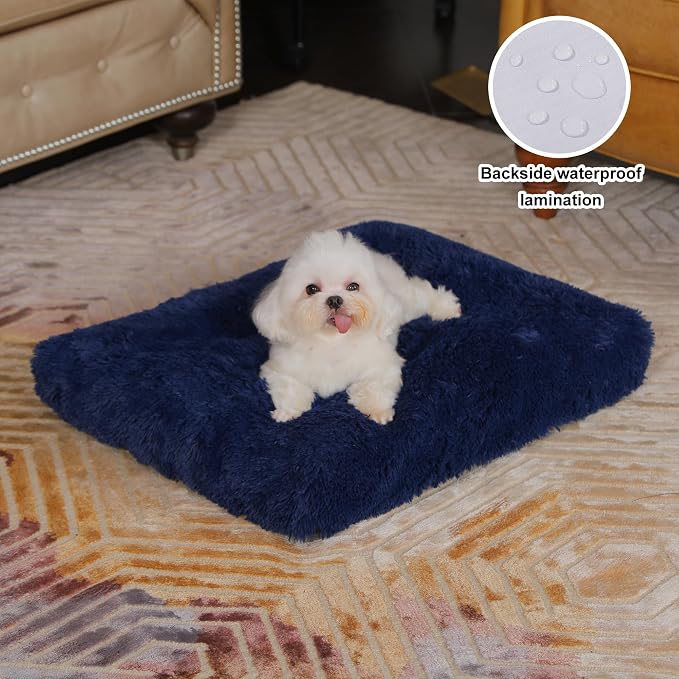 Bedfolks Waterproof Crate Bed, Plush Dog & Cat Kennel Pad with Removable Cover, Fluffy Washable Faux Fur Bed, 17"x12", Solid Dark Blue - Image 2