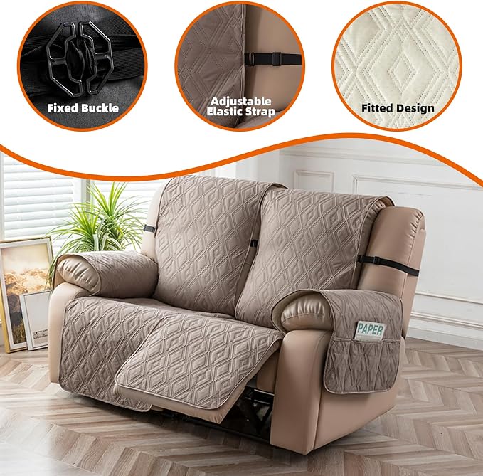 Genina Waterproof Loveseat Recliner Cover Non-Slip, Sofa Cover for Reclining Couch 2 Seat, Washable Couch Cover Loveseat Furniture Protector Cover for Pets Dogs Kids (Taupe, Recliner Loveseat) - Image 7