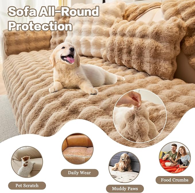 DREAMINGO Faux Fur Couch Armrest Cover, Soft Plush Sofa Covers for Pet Washable, Non Slip Furniture Protector for 2-3 Cushion Couch Sofa, 27.6x27.6 Inch, Coffee - Image 5