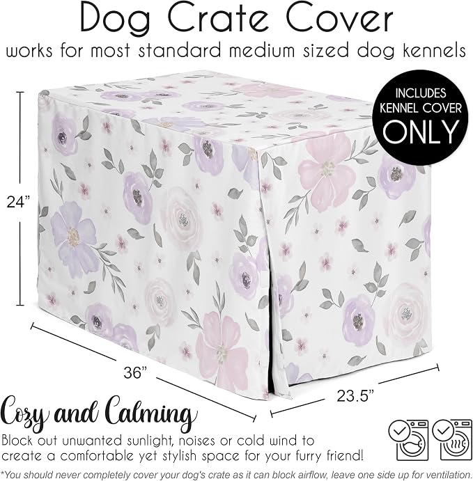 Sweet Jojo Designs 36in. Medium Dog Crate Cover (Purple/Grey Boho Floral) for Girls Pet Cage, Kennel Covers (Watercolor, Flower, Elegant Rose, Bohemian, Shabby Chic, Farmhouse, Nature, Lavender, Gray) - Image 5