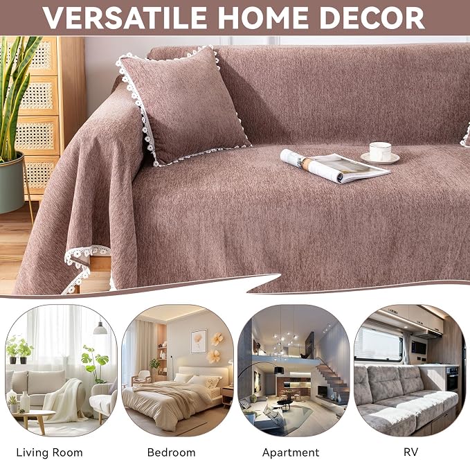 VClife Bohemian Brown Sofa Cover, Washable Pet Couch Covers for 3-4 Cushion Couch Sofa, Breathable Skin-Friendly Home Decor for Living Room Sofa Furniture Protector Futon Cover with Lace 71"X150" - Image 6