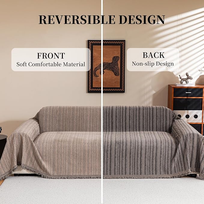 Sofa Covers for 3 Cushion Couch Seat, Loveseat Non Slip Couch Cover Chenille Strip Couch Throw Blankets with Tassel, Sectional Sofa Slipcover Furniture Protector for Pets, Kids 71"x134", Light Brown - Image 2