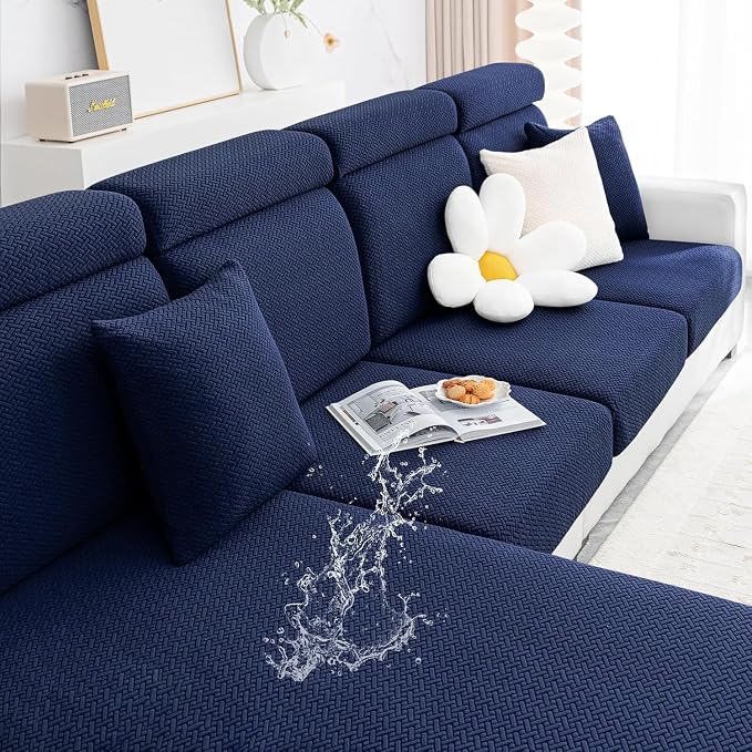 Smiry Waterproof Couch Cushion Covers, Non Slip Seat Cushion Covers | Stretch Jacquard Sectional Sofa Slipcover, Washable Elastic Furniture Protector for Pets, Kid, 3 Pieces, Navy by Smiry