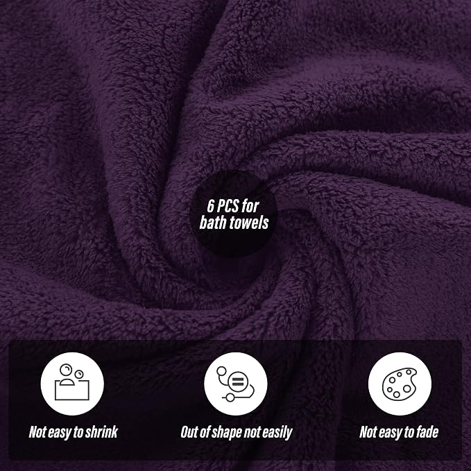 MOONQUEEN 6 Pack Premium Bath Towel Set - Quick Drying - Microfiber Coral Velvet Highly Absorbent Towels - Multipurpose Use as Bath Fitness, Bathroom, Shower, Sports, Yoga Towel (Grape Purple) - Image 4