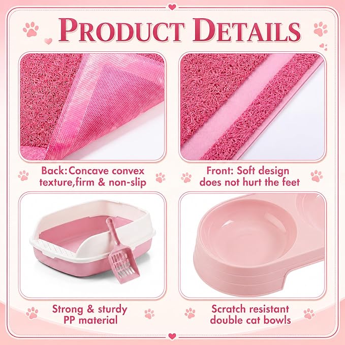 Sliner 7 Pcs Kitten Litter Box Starter Kit, 2 Plastic Small Kitty Litter Box Training Low Entry with Scoop, 2 Double Cat Bowl and Mat for Kitten Indoor (Pink) - Image 3