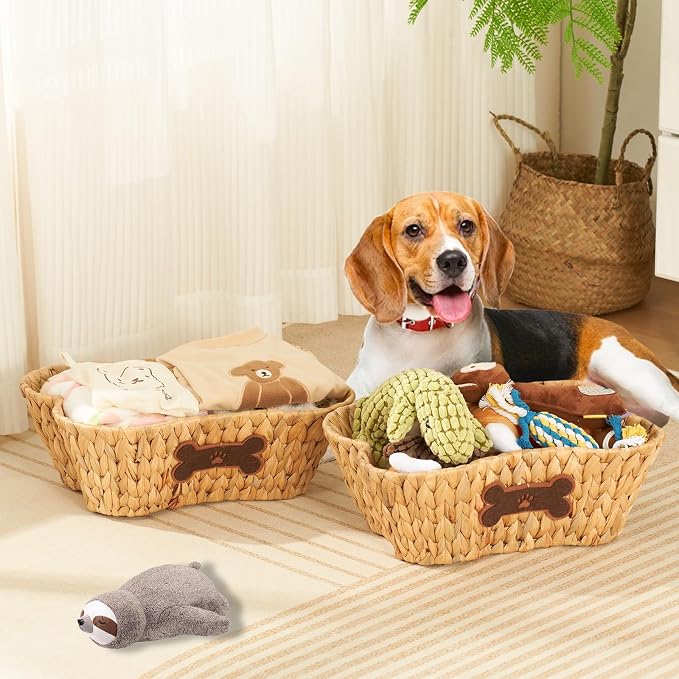 Wicker Basket for Pet Toys, 2 Pack Stylish and Natural Dog and Cat Toy Basket, Dog Storage Organizer with Bone Shape - Image 7