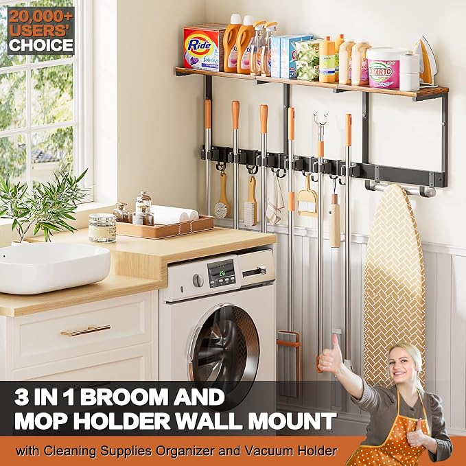 Broom Holder Wall Mount with Cleaning Supplies Organizer, Laundry Room Organization and Storage Shelves with Ironing Board Holder, Mop Hanger Broom Rack with Hooks, Home Improvement Garage Organizer - Image 2