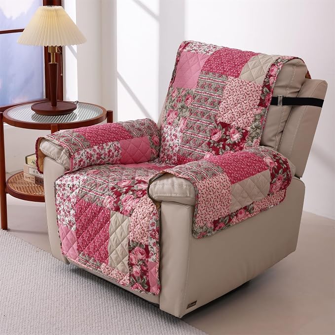 Skidproof Sofa Cover-Patchwork Sofa Slipcover with Elastic Straps-Easy Fit Slip Cover-Washable Furniture Protector for Pets and Kids(Recliner,Hot Pink) - Image 2
