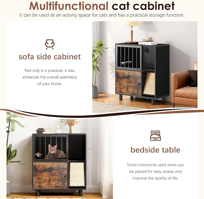 Dog-Proof Wood Cat Feeding Station with Lockable Storage & 2 Removable Stainless Steel Bowls - Anti-Spill Cat Condo with Scratching Board for Indoor Multi-Pet Homes - Image 4