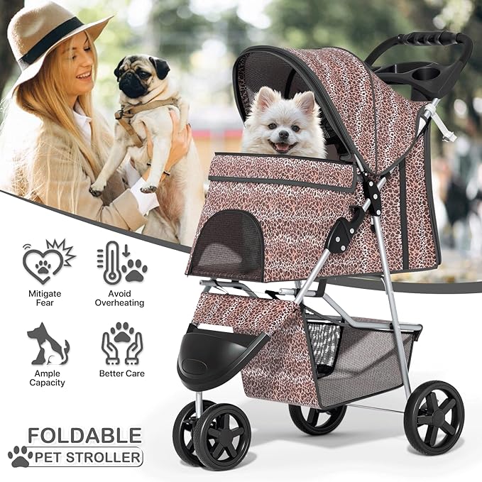 MoNiBloom 3 Wheels Pet Dog Cat Stroller for Small Medium Dogs Cats, Lightweight Foldable Jogger Stroller w/Storage Basket & Cup Holder, Leopard Print