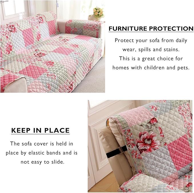 Cmfshape Skidproof Sofa Cover-Patchwork Sofa Slipcover with Elastic Straps-Easy Fit Slip Cover-Rose Washable Furniture Protector for Pets and Kids(Chair,Pink&Grey) - Image 4