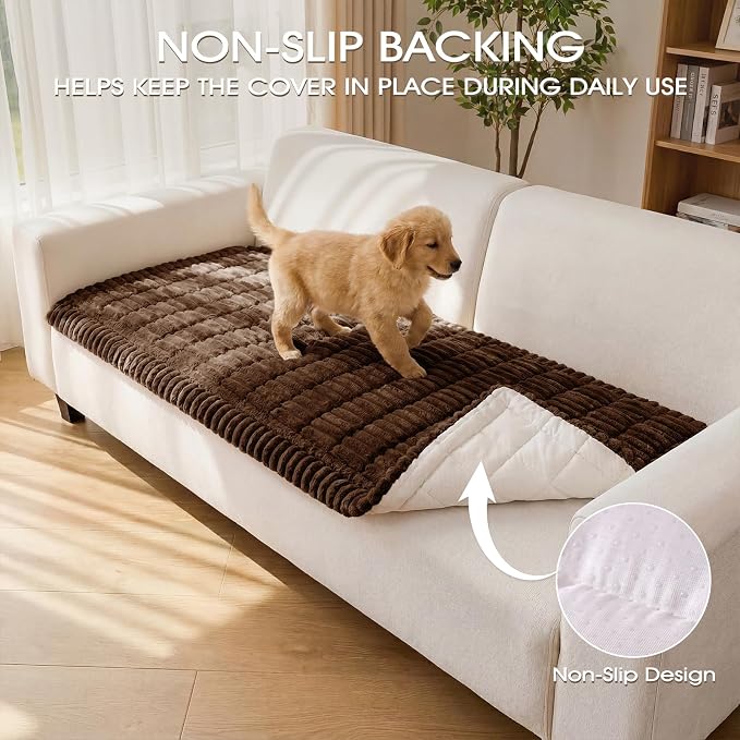 Non-Slip Washable Couch Cover for Dogs, Soft Thick Ribbed Flannel | 27.6"x59", Brown, 0.8" Thick, Rubber Dot Backing, Pet-Friendly Protector for Sofa, Floor, Window Bench, Car Seat or Camping - Image 3
