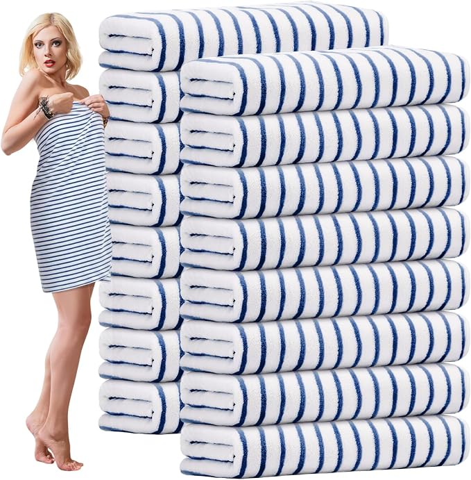 SmoothNovelty 16 Pack Microfiber Bath Towels Bulk 27'' x 60'' Oversized Size Bath Towel Highly Absorbent Extra Large Soft Drying for Beach Shower Summer Salon Sport Gym Party (Navy Blue,Stripes) by SmoothNovelty