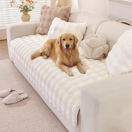 OstepDecor Faux Fur Couch Covers for Sofa, Soft Plush Sofa Covers Washable | Non Slip Dog Couch Protector, Pet Hair, Dirt & Wear Protection, Fits Sofas, Loveseats & Sectionals, 35.4" x 82.7", White by OstepDecor
