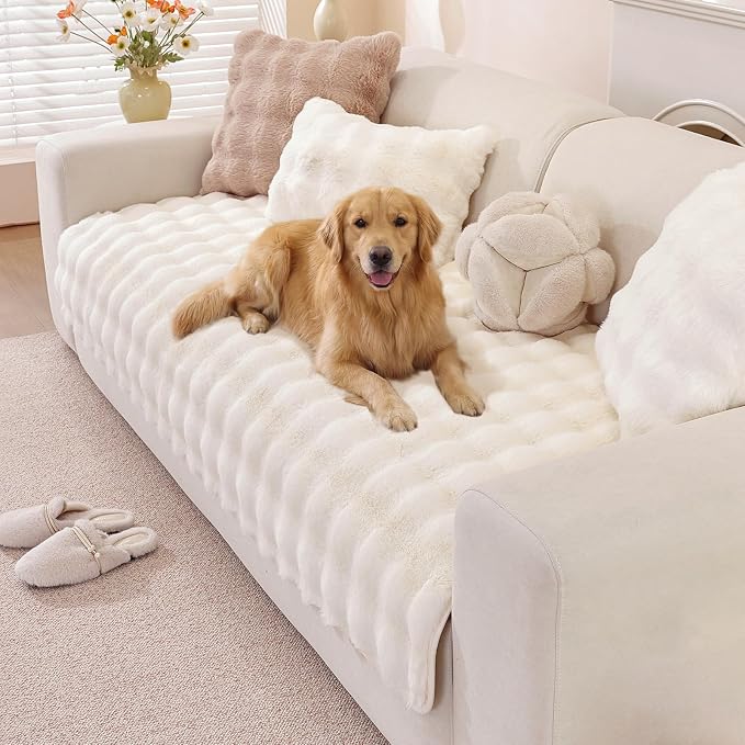 OstepDecor Faux Fur Couch Covers for Sofa, Soft Plush Sofa Covers Washable | Non Slip Dog Couch Protector, Pet Hair, Dirt & Wear Protection, Fits Sofas, Loveseats & Sectionals, 35.4" x 63", White by OstepDecor