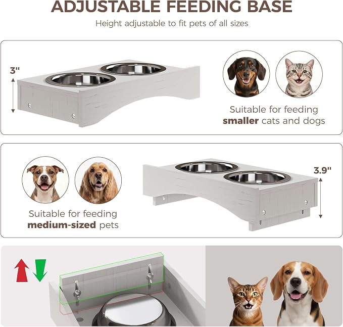 FIMELLO Dog Feeding Station with Storage, Dog Food Cabinet with 2 Hidden Feeding Bowls, Flip-Top Pet Storage Cabinet, Pet Food Holder, White Grain - Image 6