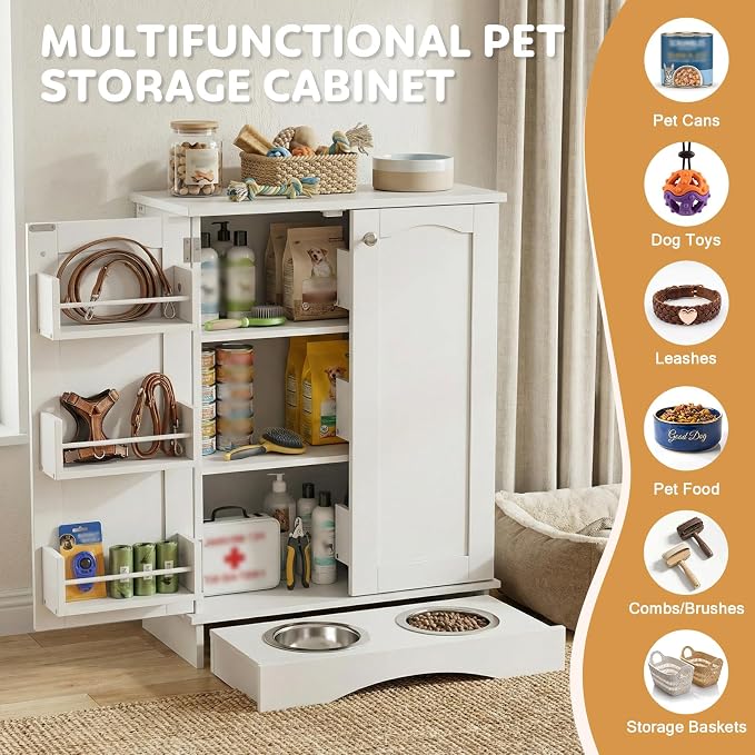 Dog Storage Cabinet with Bowls, Pet Food Storage Cabinet with Adjustable Shelves, Hidden Dog Feeding Station with Hooks, Letter Stickers, Pet Storage Organizer for Cats and Dogs - Image 3