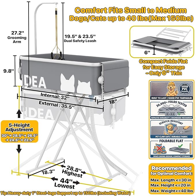 PAWZIDEA 2-in-1 Dog Bath Tub & Grooming Table 33" for Small to Medium Dogs | 5 Height Adjustable Elevated Pet Bathtub & Foldable Washing Station for Dogs Cats up to 40lbs, Storage Pocket, Indoor Outdoor - Image 2