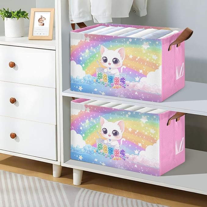 Cute White Cat Rainbow Colorful Baby Storage Basket with Labels&Handles Rectangular Waterproof Nursery Storage Bins Collapsible Shelf Organizer Baskets for Kids Books Cloth Gift Basket Toys Laundry - Image 3
