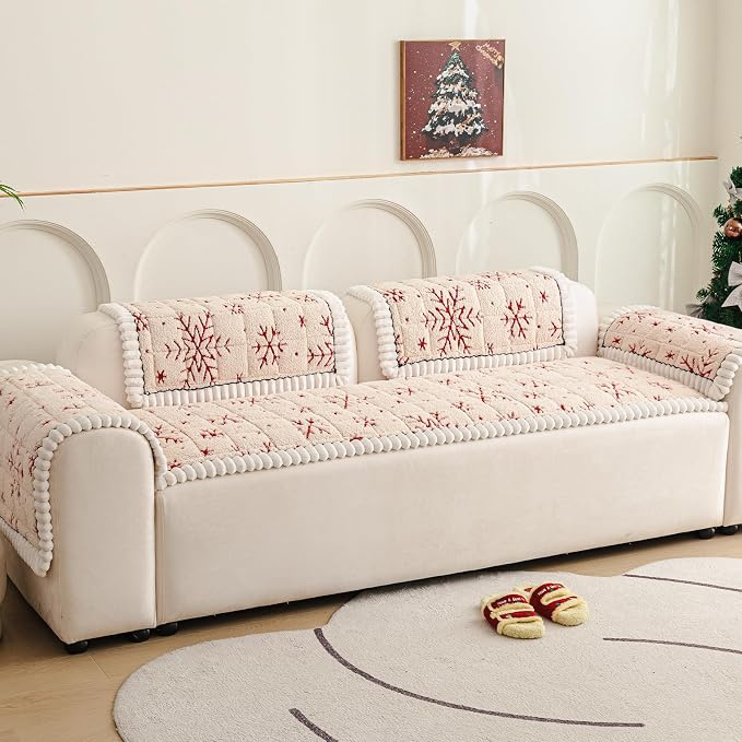 Plush Warm Sofa Cover, Pet Couch Covers for Loveseat, Sofa Covers for Pets Washable, Non-Slip Christmas Couch Cover for Dogs, Dog Couch Protector for Christams(1PC, Beige White, 27.6"×59") - Image 2