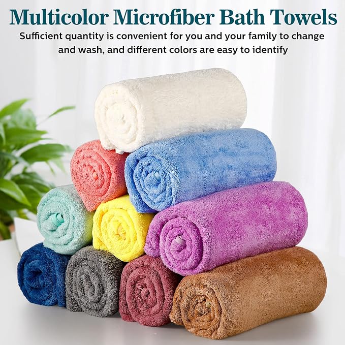 Mixweer 10 Pieces Bath Towel Set, Microfiber Coral Velvet Highly Absorbent Towels for Bathroom Body Shower Beach Travel, 28 x 55 Inches(Multicolor) - Image 3