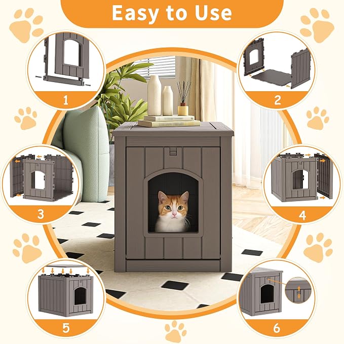 Cat Litter Box Enclosure, Multi-Functional Hidden Litter Box Furniture & Indoor Outdoor Cat House with Side Table Design, Openable Front Door & Raised Floor, Easy to Clean & Assemble, Grey - Image 7