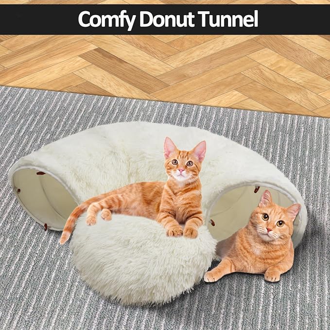 White Fluffy Warm Plush Cat Round Tunnel Tube, Soft Collapsible Multi-Combinations Cat Donuts Bed for Kitty Kitten Puppy Rabbit Ferret (White) - Image 6