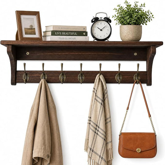 Wall Mounted Coat Rack with Shelf, Solid Wood & Bronze Metal Hooks – 31.1 Inch Entryway Organizer with 7 Hooks for Hanging Coats, Hats, Bags, Keys, Rustic Brown for Hallway，Bedroom（31.1 Inch） by Sifenma