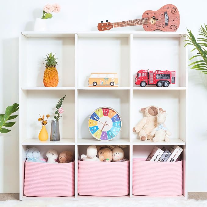 MINTWOOD Design 3-Pack Decorative Woven Storage Baskets for Shelves, Cube Bin Box for Organizing Books, Shoes, Dog Toys, Pantry Closet and Living Room Organizer, Soft Pink - Image 4