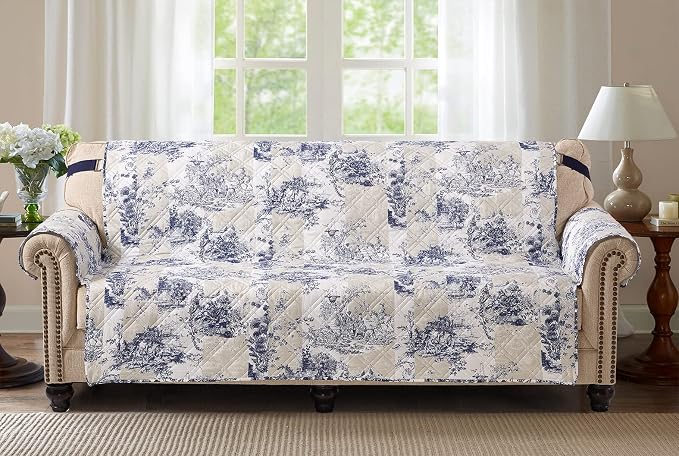 Brilliant Sunshine Blue Toile Couch Cover, Beige & Ivory Patches, 70" seat | Non Slip Sofa Cover, Quilted Furniture Protector, Large Washable Slipcover for Pets, Dogs & Cats by BrilliantSunshine