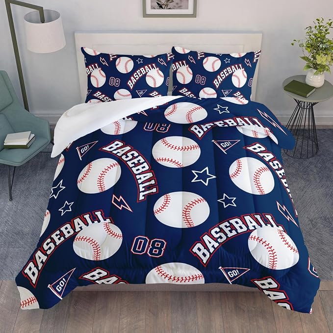QOOMO 3D Baseballs Comforter Queen Size,Blue Baseball Kids Bedding Set,3Pcs Bedding Set Printed Comforter with 2 Pillowcases,Down Alternative,Soft and Lightweight,for All Seasons - Image 2