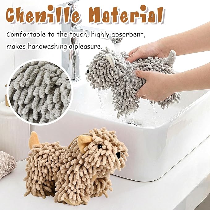 Tegeme 2 Pcs Chenille Dog Hand Towel Fuzzy Towel Absorbent Microfiber Soft for Bathroom Kitchen Washstand (Grey Brown,Standing Dog) - Image 5