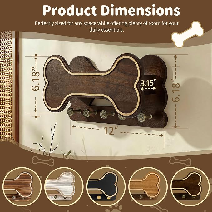 MTERSN Decorative Dog Leash Holder for Wall - Bone Shape Key Holder Wall Mount with 5 Cute 3D Doggie Paw Key Hooks & Floating Shelf to Organize Dog Stuff - Wall Decor Living Room for Pet (Dark Acacia) - Image 2