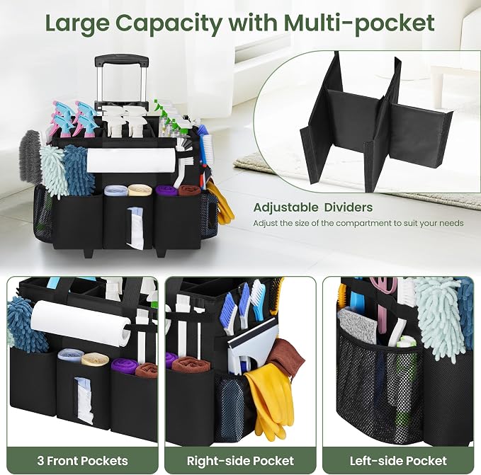Large Rolling Cleaning Caddy with Detachable Trolley for Housekeeper | Large Capacity Cleaning Supply Organizer Bag with Wheels, Multiple Pockets, Water-resistant - Image 2