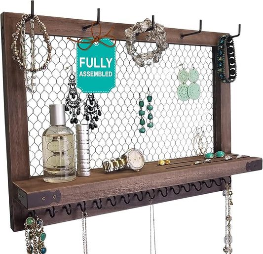 OUTSHINE Large Farmhouse Wall Jewelry Organizer (Espresso) | Wall Organizer For Earrings, Necklace, Bracelet, Hair Accessories | Chicken Wire Earring Holder | For Women, Wife, Mom, Girlfriend by OutshineCo