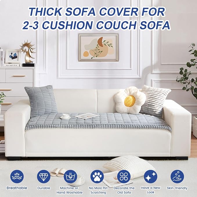 New Thick Sofa Covers Washable - Soft Corduroy Universal Sofa Cover 2 3 4 Seater, Non-Slip Couch Cover, Couch Seat Covers Sofa Slipcovers Furniture Protector for Living Room (Light Grey, 70x180cm) - Image 2
