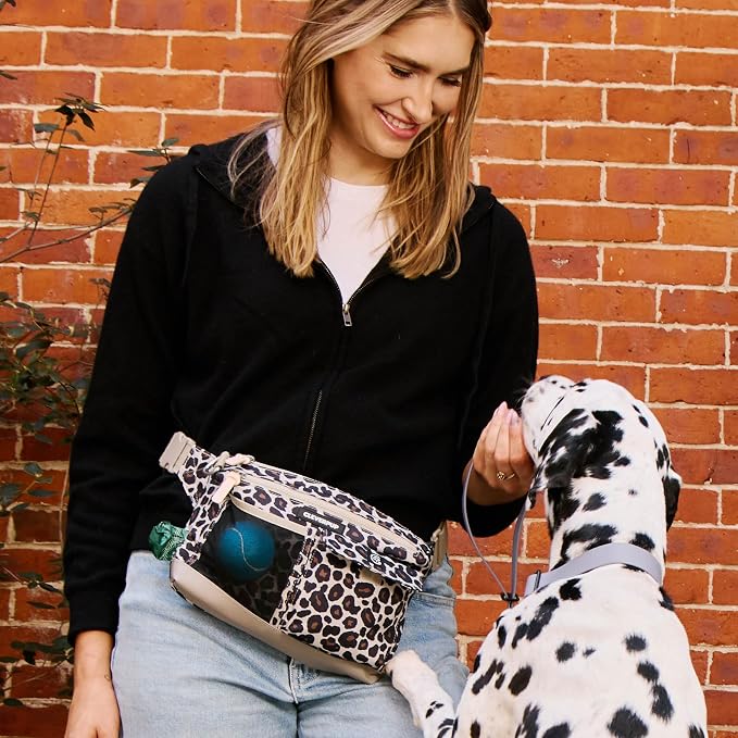 Cleverpup Walk & Train 2-in-1 Dog Walking Bag - Hands-Free Training Crossbody Sling & Fanny Pack with Treat Pouch, Poop Bag Holder, Phone Pockets - Adjustable Waist or Shoulder Strap - Leopard - Image 5