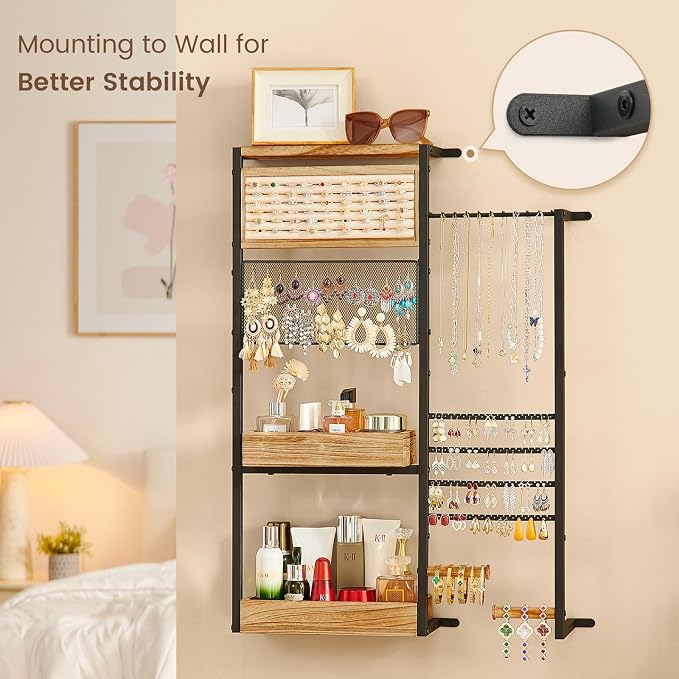Pinzoveco Hanging Jewelry Organizer Wall Mounted, Large Hanging Jewelry Organizer Holder for Necklaces,Bracelest,Earrings,Rings,Watched,Makeup & Perfume (Black) - Image 3