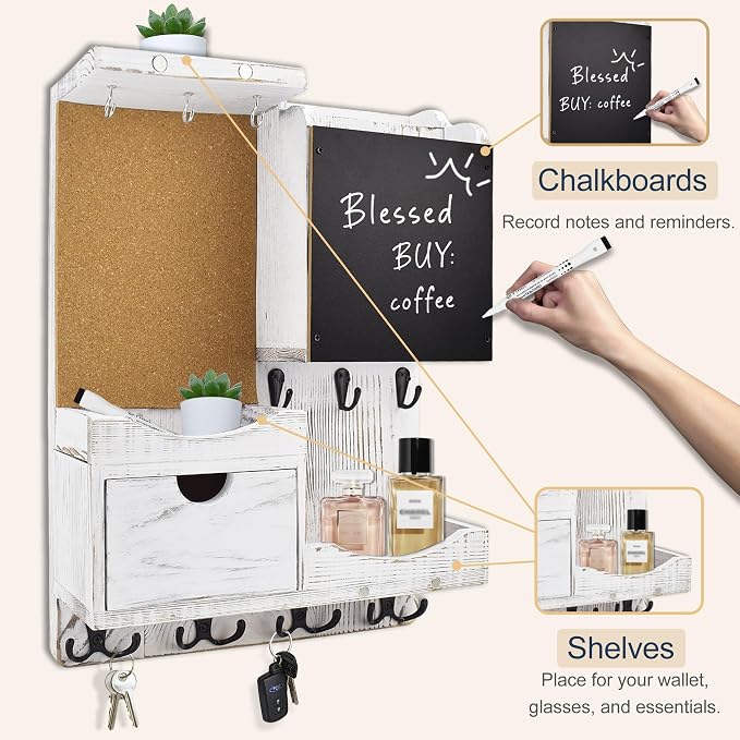 Key Holder Wall Mount， Mail Organizer Key Holder for Wall with Shelf, Drawer, Chalkboard, Corkboard, Home Decor Wall Mounted for Room Entryway(Whitewashed) - Image 7