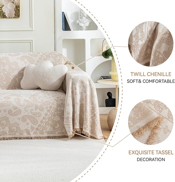 Deep Dream Boho Couch Cover Blanket, Soft Chenille Sofa Covers for 3 Cushion Couch, Sofa Slipcovers Washable Living Room Furniture Protector for Dogs Pets (Cream, 71"x118") - Image 4