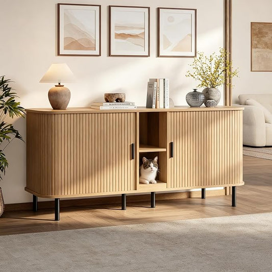 58" Double Cat Litter Box Enclosure, Large Hidden Litter Box Furniture for 2 Cats with Cat Scratch Pad, Wooden Modern Indoor Cat House with Double Room, TV Stand, Side Table, Natural by OPERTION