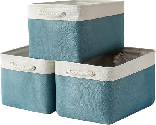 TheWarmHome Organization and Storage basket for Organizing - 3 Pack 16x12x12 inch Cube Storage Bin for Shelves, Fabric Storage Cubes for Organizer Cloth Closet Toy Box (White & Green) by TheWarmHome