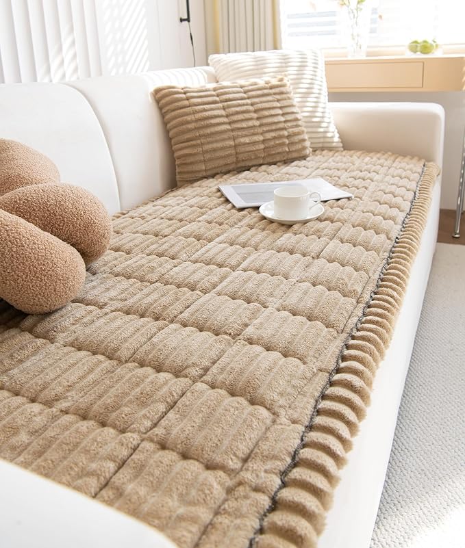Faux Fur Plush Dog Couch Cover 3D Stripe Fuzzy Sofa Cover Non-Slip Fluffy Dog Bed Cover Pet Blanket Sofa Couch Furniture Protector for Puppy Large Dog Cat (Coffee,35"x82") - Image 6